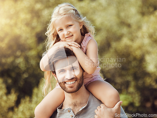 Image of Portrait, father and girl on shoulders, outdoor and quality time for bonding, loving and happiness. Love, dad carry daughter and in nature for fun, playful and relax on weekend break, park and smile