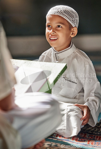 Image of Muslim child, mosque and quran with teacher for spiritual learning, development or growth on carpet. Islamic teaching, man and boy for holy worship, book or reading for faith, islam or study in Qatar