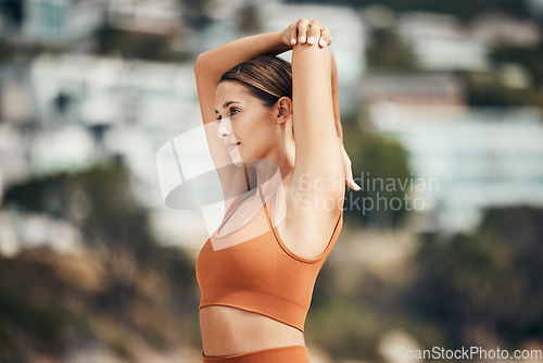 Image of Stretching, exercise and woman at beach for yoga, pilates and fitness outdoor, sports motivation and wellness in Bali. Young athlete, mindfulness and health with peace and zen, body training mockup.