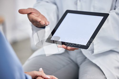 Image of Health mockup with tablet, doctor and patient in consultation for healthcare, hands and communication with technology. Health insurance advertising with space, medical advice and help at hospital.