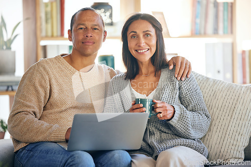 Image of Love, laptop and portrait of couple relax on living room sofa, drinking coffee and working from home. Digital computer, tea and man writing freelance article for blog, online website or social media