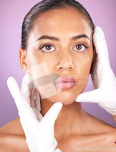 Image of Plastic surgery, patient and hands of doctor check client face for botox, beauty implant or microblading. Medical consultation, cosmetics lip filler and portrait of black woman for facial aesthetic