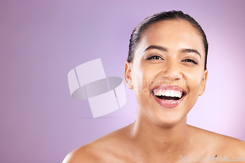 Image of Portrait, skincare and woman with smile, face detox and organic facial on studio background. Young female, girl and cosmetics for natural beauty, happiness and confidence with wellness and mockup