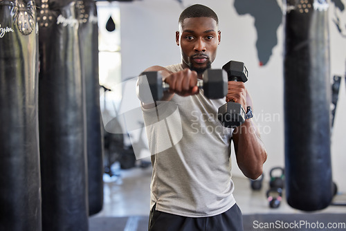 Image of Portrait, dumbbell and fitness with a black man bodybuilder in a gym for a workout or exercise. Health, training or weightlifting with a male athlete or personal trainer exercising in a sports center