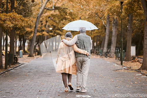 Image of Elderly, couple walk in park with umbrella and fresh air, outdoor in nature in fall for exercise and retirement together. Hug, love and care with trees, senior man and woman in New York back view.