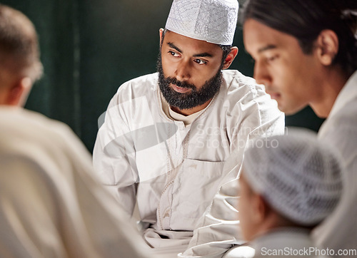 Image of Muslim, child or men prayer to worship Allah in holy temple or mosque with gratitude as a family on Ramadan. Islamic, community or people in praying with boy or kid for Gods support, spiritual peace