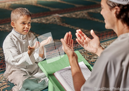 Image of Muslim, child or men prayer to worship Allah in holy temple or mosque with gratitude as a family on Ramadan. Islamic, community or people in praying with boy or kid for Gods support, spiritual peace