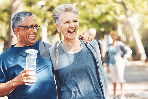 Image of Fitness, funny or old couple of friends in nature laughing at a joke after training, walking or workout. Comic, support or happy senior woman bonding with elderly partner in interracial marriage