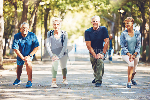 Image of Senior friends, stretching exercise and park with smile, wellness and self care in summer sunshine. Elderly group of people, fitness and healthy workout with motivation for health, nature or teamwork