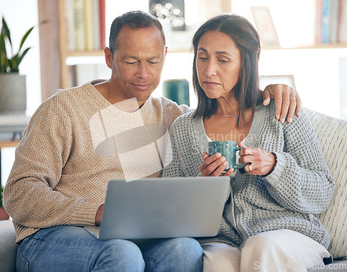 Image of Movie, social media and senior couple with laptop for website, film and relax on the living room sofa with coffee. Internet, email and elderly man and woman with a pc for subscription tv show