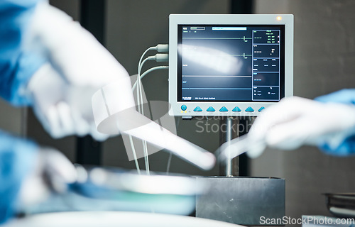Image of Electrocardiogram monitor, hands of doctors with scalpel for surgery, healthcare or medical support. Zoom, screen or nurse hand in theater for trust, insurance or surgeon in hospital operation room