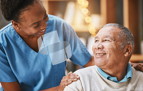 Image of Help, support and medical with nurse and old man for retirement, rehabilitation or healing. Empathy, physical therapy and healthcare with patient and black woman in nursing home for caregiver service