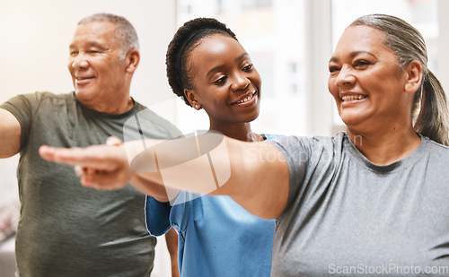 Image of Physiotherapy, nurse and elderly couple with exercise, smile and teamwork goal for health, wellness and home. Physiotherapist, black woman and training with rehabilitation group, workout and happy