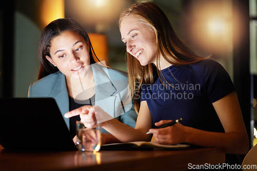 Image of Business, women and talking at night, laptop and explain process, system and office. Female employees, girls and manager with consultant, computer and schedule for deadline, campaign project and tech