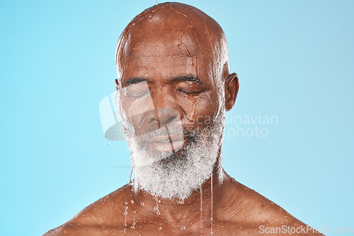 Image of Black man, face and water drip on studio blue background for wellness, healthy skincare and bathroom hygiene. Male model, wet shower and water drops for mature beauty, facial and fresh body cleaning