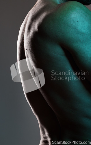 Image of Man, body or muscles on dark studio background and blue light aesthetic, fitness goals or workout progress. Zoom, back skin or bodybuilder model and exercise, training or healthcare wellness strength