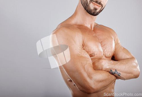 Image of Muscles, man and arms crossed for healthy lifestyle, bodybuilding and on grey studio background. Exercise, male athlete and bodybuilder with wellness, chest and fitness for body care, diet and energy