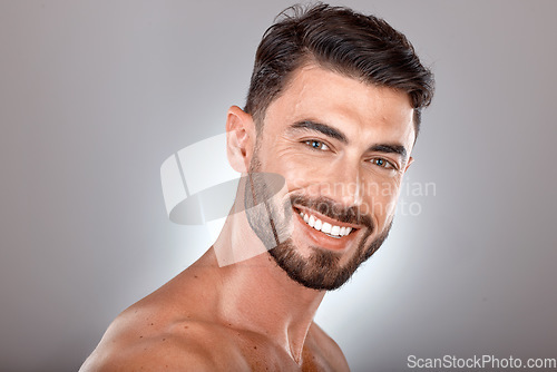 Image of Beauty, skincare and portrait of man with smile on gray background studio for wellness, healthcare and hygiene. Cosmetics, grooming and face of male model for dentistry, body care and spa treatment