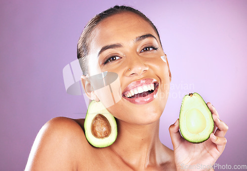 Image of Avocado, cream and skincare woman in studio portrait for face glow, healthy shine and cosmetics advertising mockup. Black woman model with nutrition, vegan fruit for dermatology product and self love