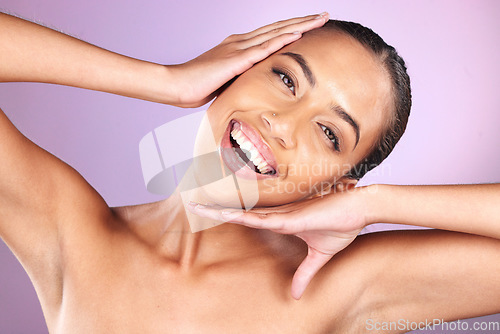 Image of Skincare, beauty and woman with hands on face for luxury spa, beauty products and dermatology. Cosmetics, makeup and happy girl on purple background for wellness, facial treatment and aesthetic