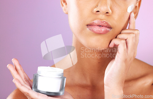 Image of Skincare, beauty and woman with face cream product for dermatology, health and wellness mock up on a purple background. Aesthetic model in studio for self love, self care and facial spa therapy