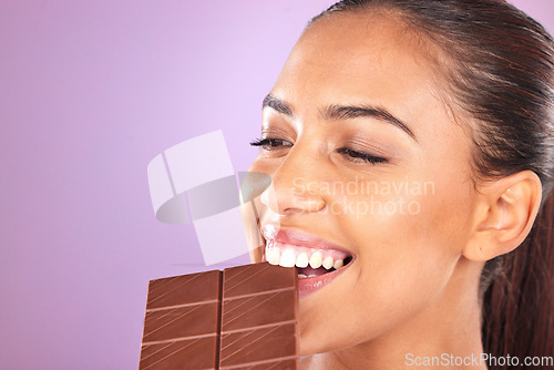 Image of Chocolate, diet and woman, eating with beauty closeup and healthy candy, skin with luxury nutrition. Wellness, food and skincare mockup with natural cosmetics for face, teeth and mouth with cacao