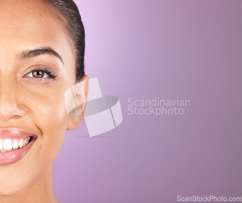 Image of Portrait, eye or woman half face and teeth mockup for cosmetic care, facial beauty or skincare against studio background. Zoom cosmetics, smile or happy girl for wellness, spa aesthetic or skin glow