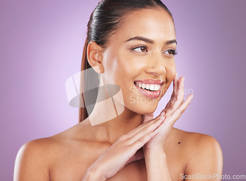 Image of Skincare, beauty and black woman in studio for cosmetics, makeup or facial wellness on marketing mockup space on purple background. Youth, glow and shine of model happy with dermatology face results