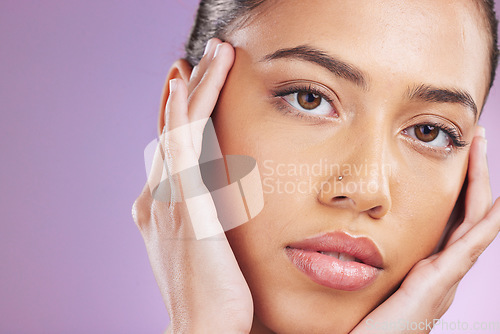 Image of Skincare, beauty and woman with hands on face for makeup, beauty products and dermatology. Cosmetics, luxury and portrait girl on purple background for wellness, facial treatment and spa aesthetic