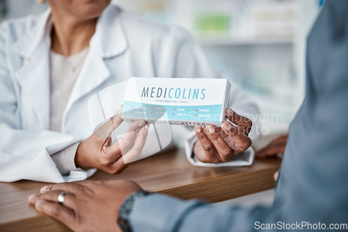 Image of Hands, consulting or pharmacist with medicine for customer with healthcare advice on medical pills or drugs. Zoom, questions or doctor talking or helping a sick elderly person in pharmacy clinic