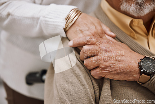 Image of Love, disability and hands of retirement couple with care, gratitude and support in marriage. Unity, respect and senior people holding hands for bonding, appreciation and togetherness zoom.