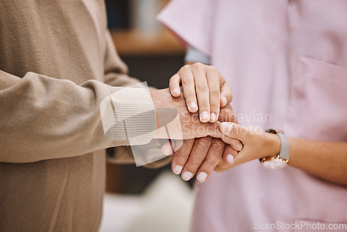 Image of Healthcare nurse, senior patient and holding hands for medical support, assistance or wellness in retirement home. Doctor, caregiver hand solidarity and elderly care, trust, gratitude or senior care