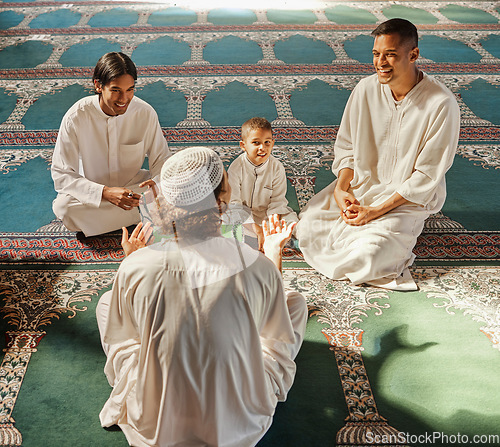 Image of Muslim, child or men prayer to worship Allah in holy temple or mosque with gratitude as a family on Ramadan. Islamic, community or people in praying with boy or kid for Gods support, spiritual peace