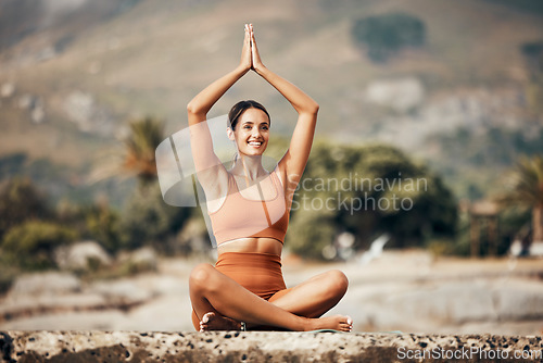 Image of Beach meditation yoga, peace and woman meditate for chakra energy healing of soul, aura or spiritual balance. Zen freedom, pilates and girl relax for mental health, mindset wellness or mindfulness