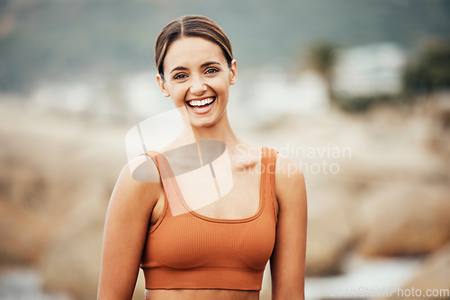 Image of Woman, outdoor portrait and fitness training with smile, happiness and healthy by blurred background. Girl, happy and exercise clothes for workout, self care and wellness for body, mind and balance