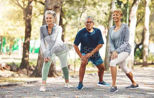 Image of Exercise, senior man and women stretching, outdoor and workout for wellness, health or fitness. Group, male or mature females training, motivation or cardio for legs, body care or practice for sports