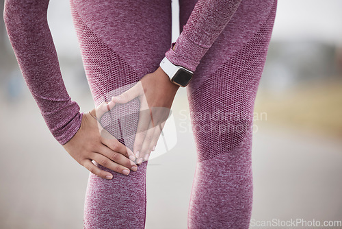 Image of Exercise, outdoor and woman with knee pain, injury and accident while training, fitness and wellness. Swollen muscle, athlete or female with joint pain, physical therapy or workout accident in nature