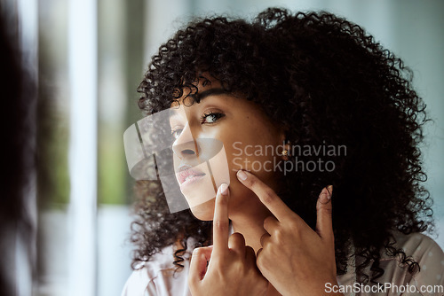 Image of Black woman, mirror and facial pimple cleaning for beauty hygiene, skincare wellness and cosmetics dermatology in bathroom. Young African girl, checking face acne and hands for self care cosmetology