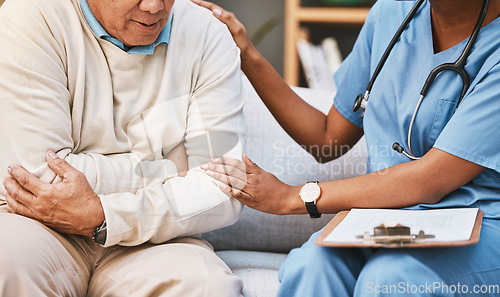 Image of Pain, help and empathy of nurse with senior man for healthcare, medical or retirement home check, exam and assessment. Depression, sad and mental health fear of elderly patient consulting a doctor