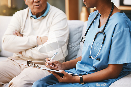 Image of Nurse consulting patient with clipboard, medical notes and healthcare service of life insurance, help or planning. Closeup doctor asking questions in consultation with paperwork, report and documents