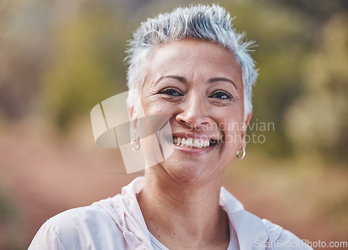 Image of Face, fitness and portrait of senior woman in nature ready for workout, exercise or training. Sports, park and retired elderly female from India preparing for running or jog for health and wellness