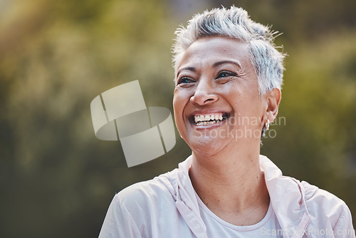 Image of Face, fitness and senior woman in nature ready for workout, exercise or training mock up. Sports, thinking and retired elderly female from India preparing for running or jog for health and wellness.