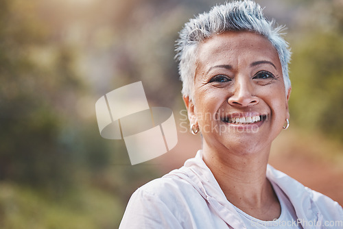 Image of Fitness, face portrait and senior woman in nature ready for workout, exercise or training. Sports, park and retired elderly female from India preparing for running or jog for health and wellness.