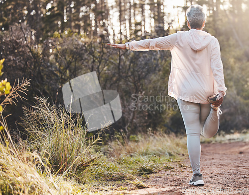 Image of Fitness, balance or old woman in nature to start training, running exercise or hiking workout in New Zealand. Freedom, back view or healthy senior person with resilience, body goals or motivation