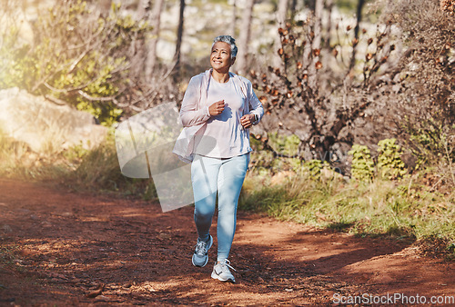 Image of Fitness, happy or old woman running in nature cardio training, exercise or workout in New Zealand. Runner, freedom or healthy senior person smiles with pride, body goals or motivation in summer