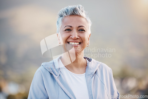 Image of Face portrait, fitness and senior woman ready for training, workout or exercise outdoors. Sports, wellness or retired, elderly and happy female athlete from India preparing for running or healthy jog