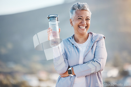 Image of Fitness, happy or old woman with water bottle in nature to start training, exercise or hiking workout in New Zealand. Portrait, liquid or healthy senior person smiles with pride, goals or motivation