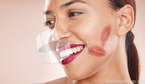 Image of Makeup, lipstick and beauty of a happy woman with color or shade of cosmetics on a studio background. Face of aesthetic model with a smile, glow and healthy skin for dermatology and salon mockup