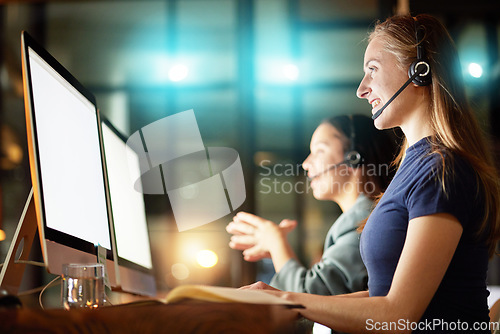 Image of Computer, night call center and women with telemarketing success, IT solution and problem solving in virtual customer support. Happy financial advisor, consultant team and working on a monitor screen