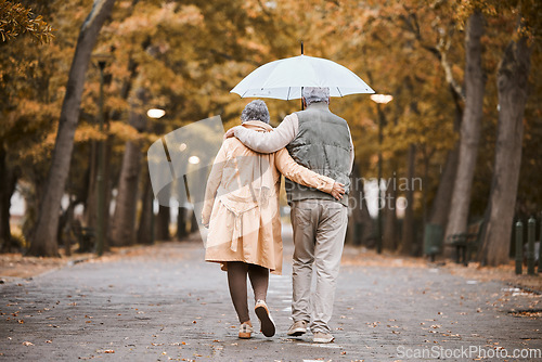 Image of Elderly, couple walk in park with umbrella and fresh air, outdoor in nature in fall for exercise and retirement together. Hug, love and care with trees, senior man and woman in New York back view.